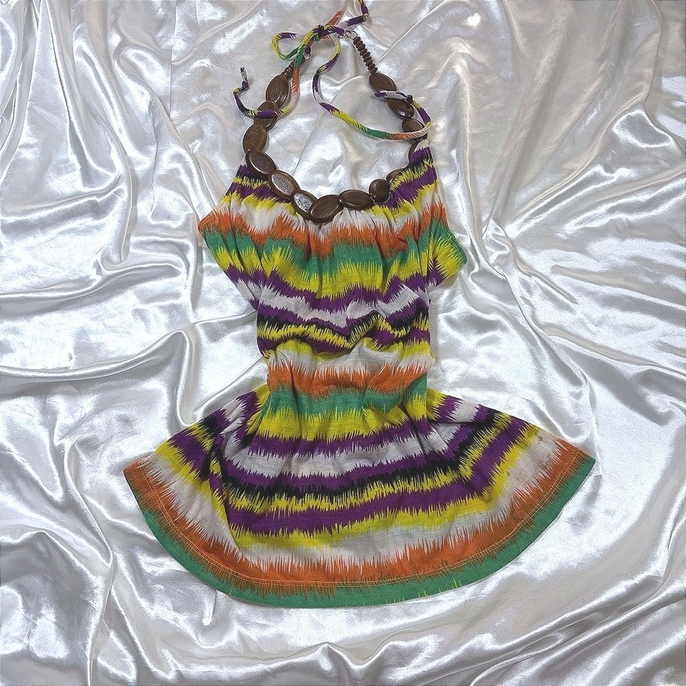 y2k Halter Top Multicolor Excellent Wood Bead Ikat Chevron Babydoll Peplum